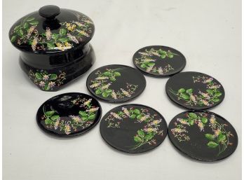 Lovely Vintage Hand Painted Black Lacquer Set Of Beverage Coasters In Storage Box