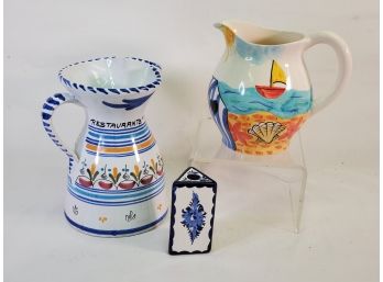 Selection Of Portuguese & Spanish Painted Pottery Pitchers & Vases