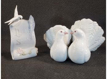 Vintage Lladro Porcelain - #1169 Pair Of White Love Doves & Lladro Society Scroll & Dove Plaque