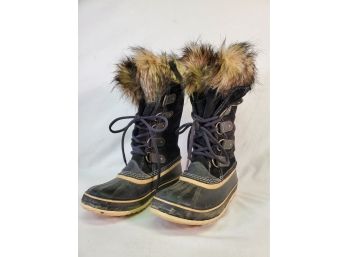 Pair Of Ladies Sorel Size 7 Joan Of Artic Black Suede & Faux Fur Tall Winter Boots
