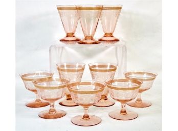 Pretty Vintage Mixed Set Of Etched Pink Depression Glass Gold Banded Glassware
