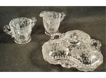 Three Pieces Of Beautiful Vintage Clear Etched Depression Glass