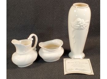 Lenox Fine Porcelain Trio - Sugar & Creamer Set & New Rose Blossom Bud Vase With 24K Gold Accents