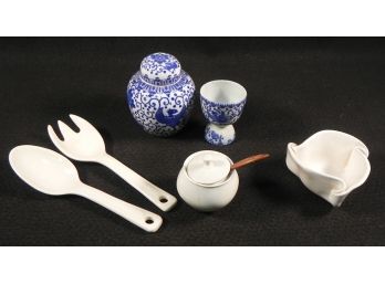Mixed Ceramic Lot Including Ginger Jar, Egg Holder, Sugar Bowl, Trinket Holder, Fork & Spoon