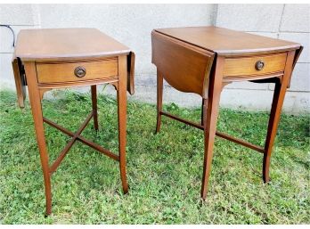 Handsome Pair Of Wood Drop Leaf Side Accent Tables With Drawer