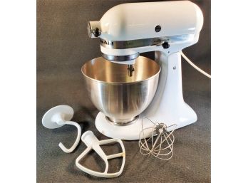 Vintage White KitchenAid Classic Model K45SS Mixer With Stainless Bowl & Attachments