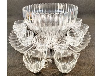 Beautiful Vintage Heisey Ribbed Glass Punch Bowl, Underplate & Ten Matching Cups