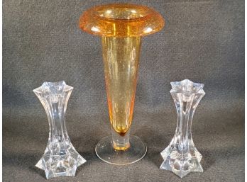 Pair Of Crystal Taper Candlestick Holders & Amber Blown Glass Tulip Shaped Flower Vase