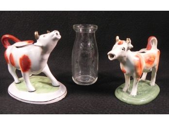 Interesting Vintage Ceramic Cow Creamer Set  & 1930s Half Pint Milk Bottle
