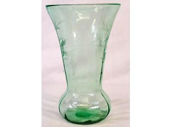 Vintage 10' Green Depression Glass Floral Etched Flower Vase