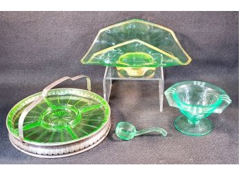 Vintage Lot Of Green Depression Uranium Glass Serving Ware