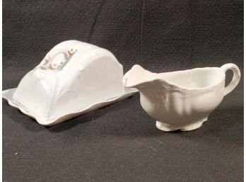 Antique White Porcelain Domed Butter Dish & Underplate & Royal Doulton Gravy Boat