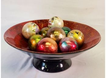 Large Pier 1 Painted Lacquered Centerpiece Bowl With Glass / Porcelain Decorative Balls
