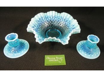 Beautiful Vintage Blue Hobnail Satin Glass, Ruffled Bowl & Pair Of Candlestick Holders