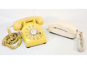 Two Vintage Bell South Western Electric Bright Yellow Rotary Dial Phone & Trimline Beige Rotary Dial Phone