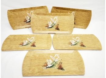 Vintage MCM Set Of Six Haskelite Mfg Coronet Lithograph Paper Wood Covered Oblong Trays