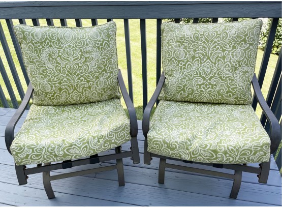 Pair Of Patio Chairs With Shock Springs And Green Cushions
