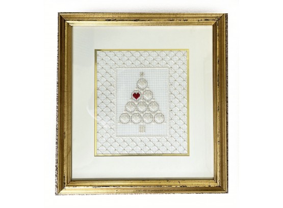 Embroidered Christmas Tree With Red Heart Matted And Framed