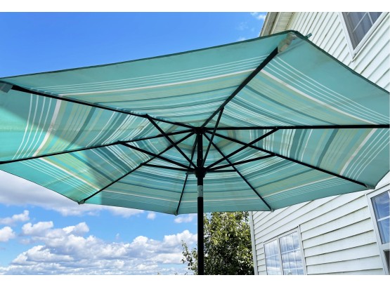 Green/Blue Striped Patio Umbrella With Stand