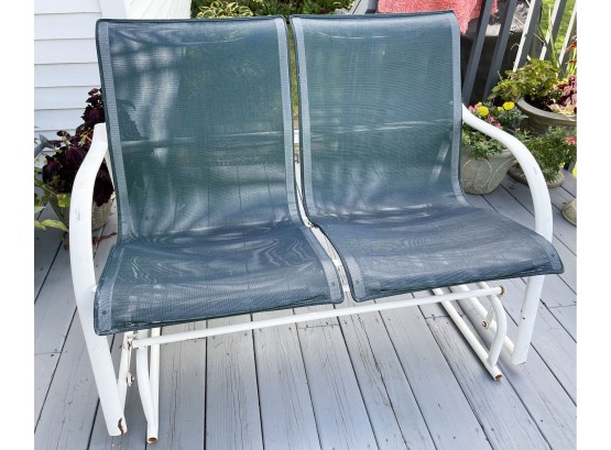 Swinging Patio Loveseat With Teal Mesh Seat And White Base