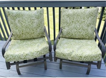 Pair Of Patio Chairs With Shock Springs And Green Cushions