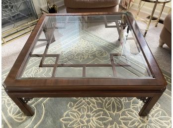 Wooden Square Glass Top Asian Inspired Coffee Table
