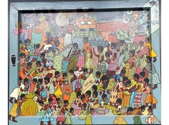 African Community Scene With Description On Back Hand Painted Tray