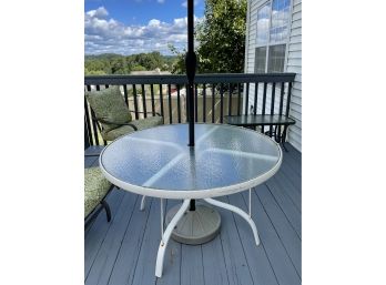 White Round Patio Table With Glass Top Hole For Umbrella