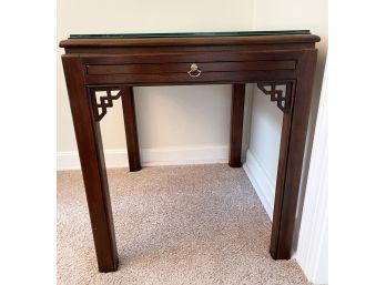 Fine Wood Top Asian Inspired Side Table With Extendable Shelf