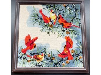 Vintage Embroidery Red Cardinals Framed