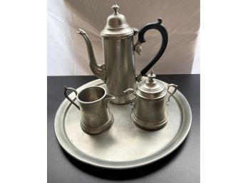 English Pewter Set: Teapot, Creamer/Suger And Tray