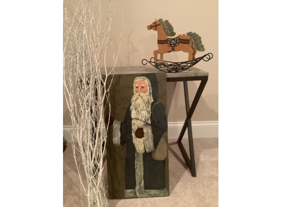 24 Inch X 12 Inch Slate With Santa Painted On. Rocking Horse And White Painted Branches