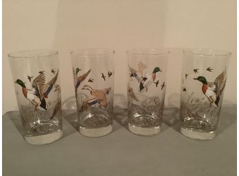 Set Of Four Water Glasses With Painted Duck Scene