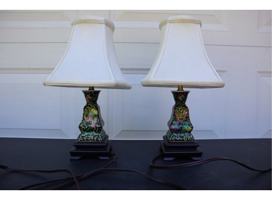 Vintage Chinoiserie Porcelain With Wood Base Lamps
