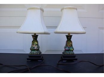 Vintage Chinoiserie Porcelain With Wood Base Lamps