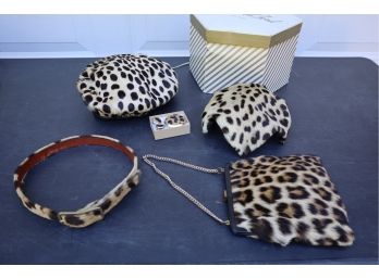 Vintage Leopard Print Designer Accessories Lot Walter Katten Purse, Betmar NY Hat, Coro Earrings And More