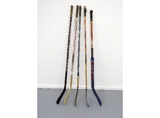 Vintage Group Of 5 Wooden Hockey Sticks Including Goalie Stick - Sports Theme Decor