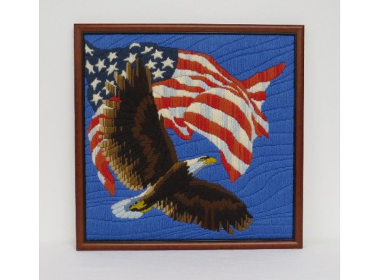 Framed American Eagle And United States Flag Hand Crafted Needlework Wall Hanging