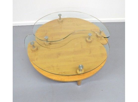 Mid Century Styled Glass & Blonde Wood Yin And Yang Coffee / End Tables - Nice Pair