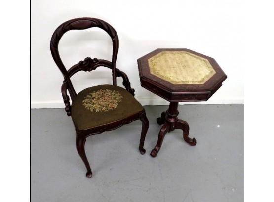 Victorian Styled Rosewood Finish Parlor Table & Chair W/Needlepoint Seat