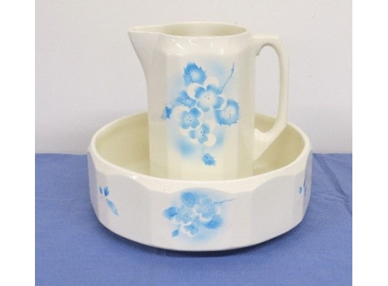 Very Mid-Century Hungarian Pottery Washbowl & Pitcher Set Pastel Blues & Cream Colors