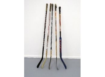 Vintage Group Of 5 Wooden Hockey Sticks Including Goalie Stick - Sports Theme Decor