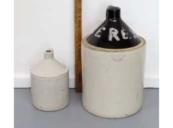 Two Antique Stoneware Jugs - Huge 5 Gallon W/crown & Smaller 1 Gallon Cream Glaze