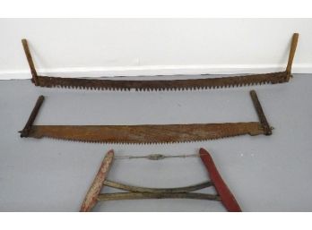 3 Early Country Logging Saws - 2 Man Cross-cuts And A Buck Saw