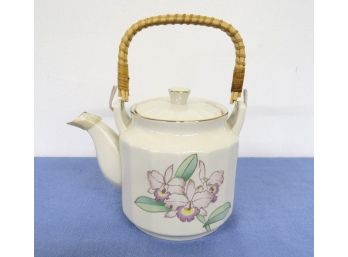 Vintage Otagiri Japan Orchid Floral Ceramic Teapot W/Bamboo Handle
