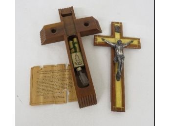 Vintage Mid-Century Walnut Catholic Sick Cross W/Orig Candles, Holy Relic & Holy Water Bottle