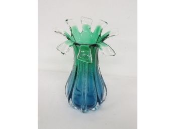 Gorgeous Pillar Molded Blown Glass Vase Multicolor Bluish Sapphire To Greens & Clear Tips