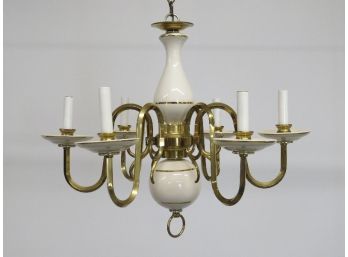 Mid-Century Brass & Cream 6 Light Chandelier - Takes Candelabra Bulbs