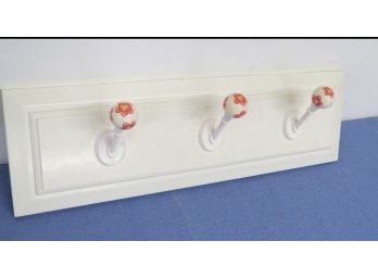 3 Hook Wall Hanging Coat Or Hoodie Rack - Decorated Ceramic Knobs On White Board