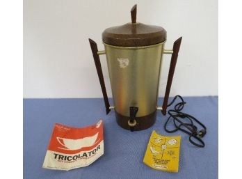 Mid-Century Tricolator Electric Gold Anodized Aluminum Coffee Pot W/Wooden Danish Modern Style Handles